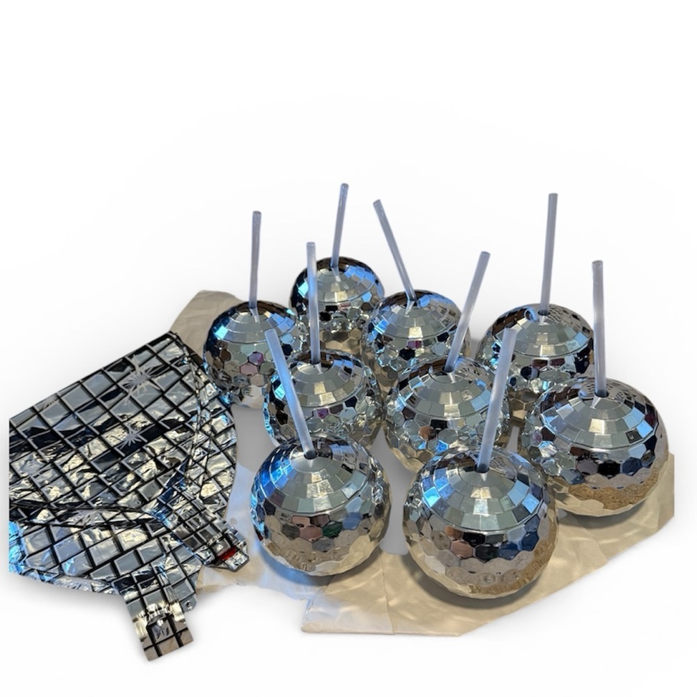 Set of 9 Silver Disco Ball Drink Cups and disco ball foil balloons - Picture 3 of 10